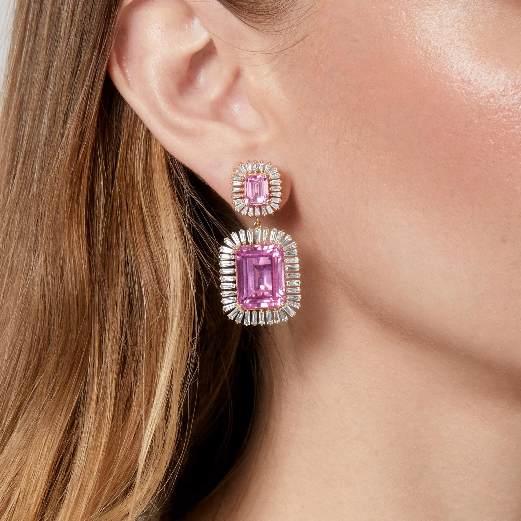 18KT Yellow Gold Pink Topaz Baguette Diamond Luxe Fauna Earrings