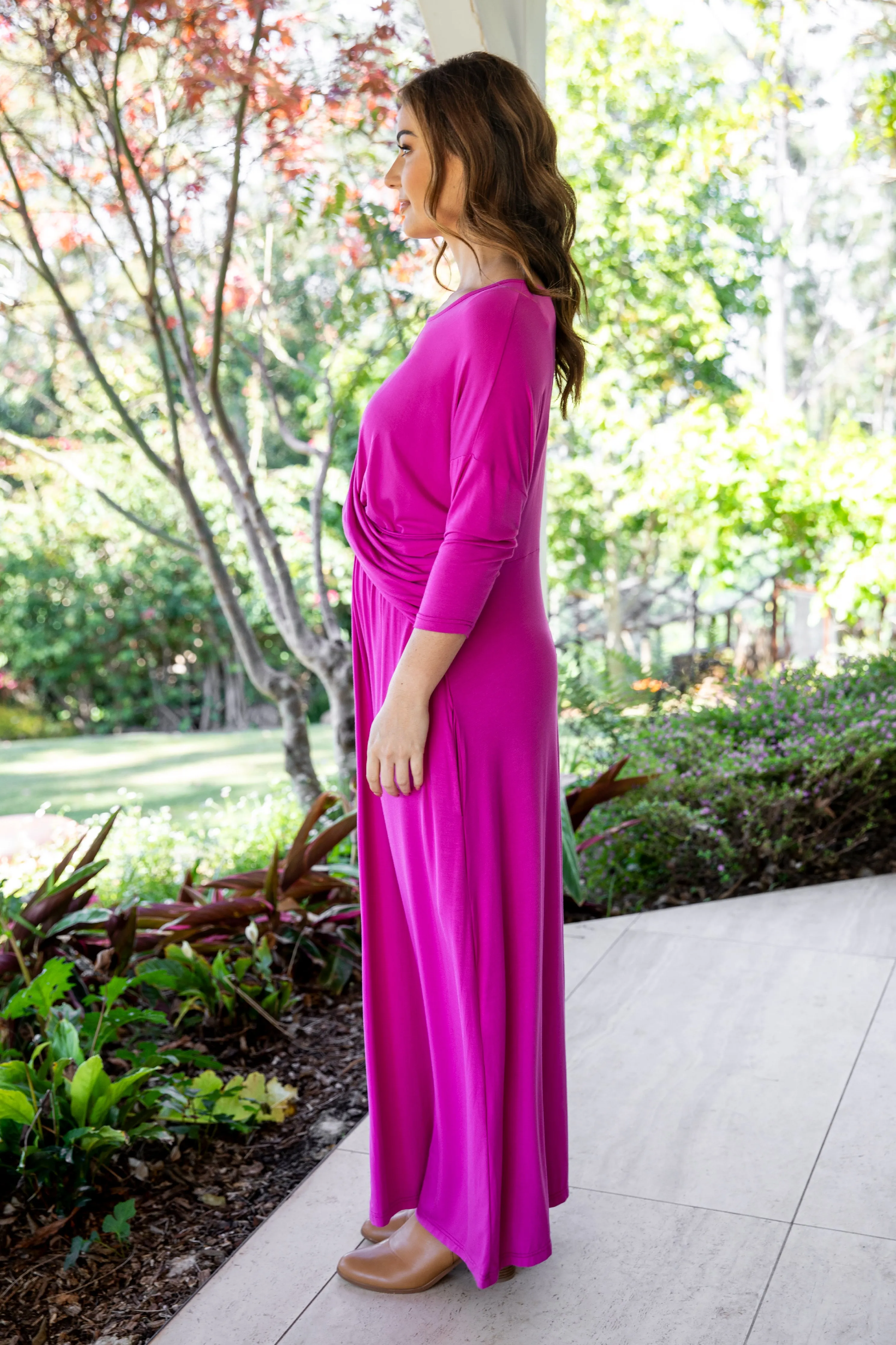 3/4 Sleeve Eden Maxi Dress in Plum Pink