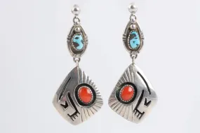 925 Silver Turquoise & Coral Native American Dangle Earrings (17.22g.)