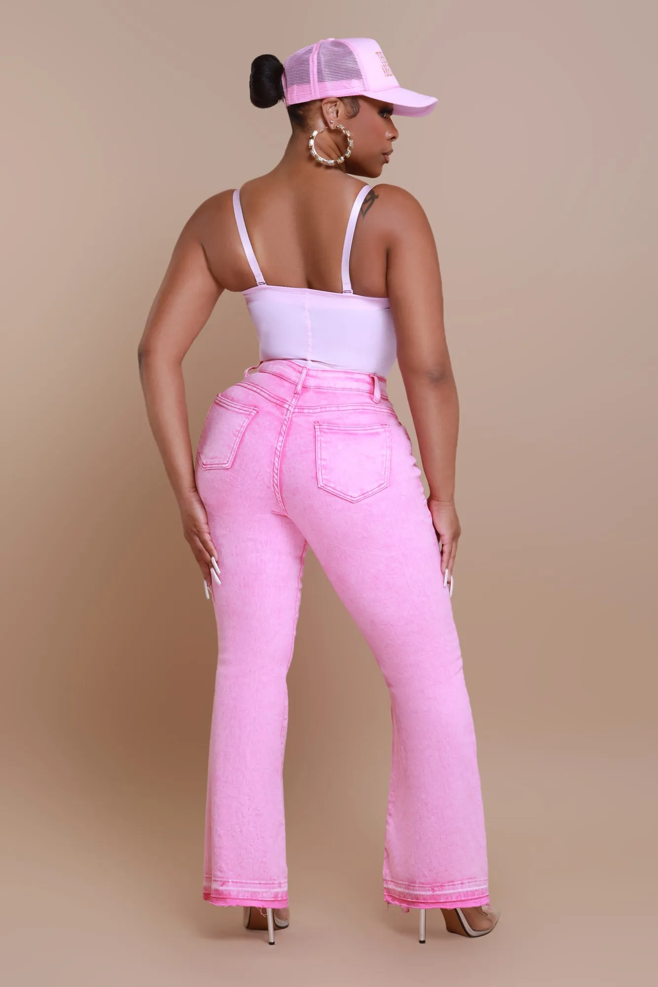 Access Denied High Rise Flare Leg Jeans - Pink