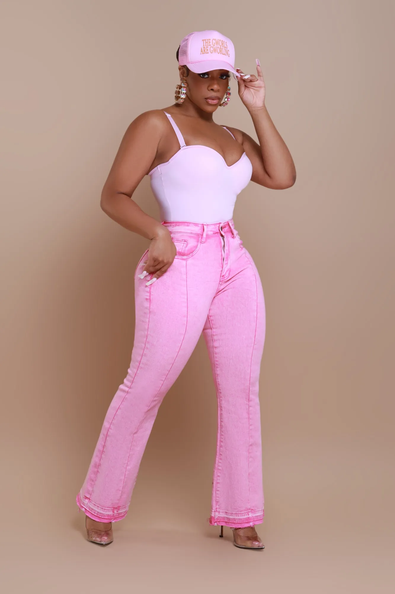 Access Denied High Rise Flare Leg Jeans - Pink