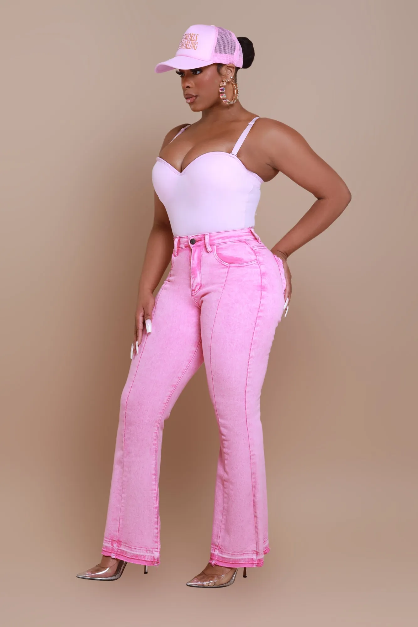 Access Denied High Rise Flare Leg Jeans - Pink