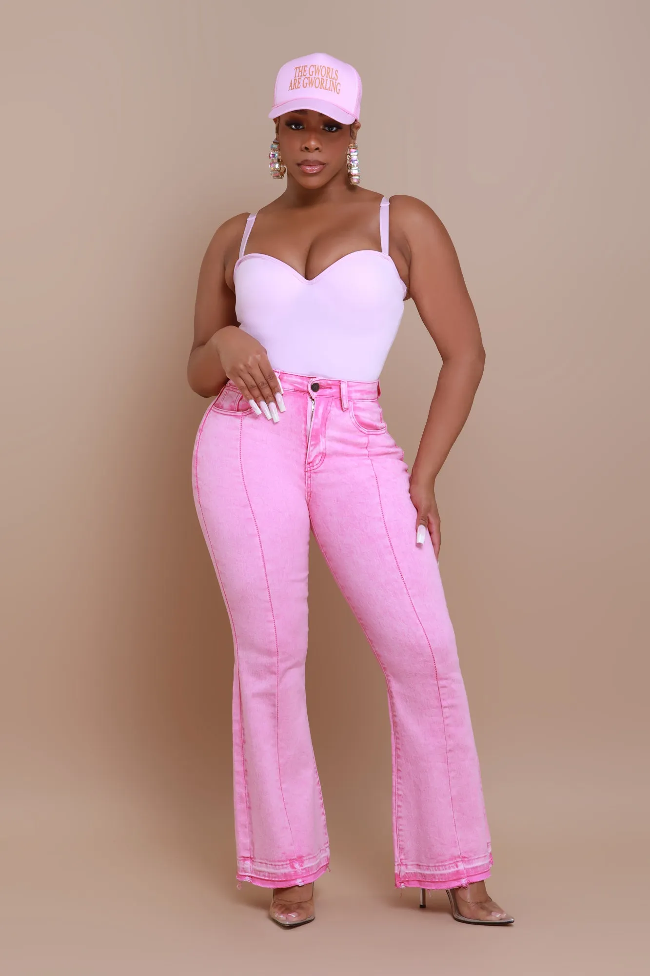 Access Denied High Rise Flare Leg Jeans - Pink