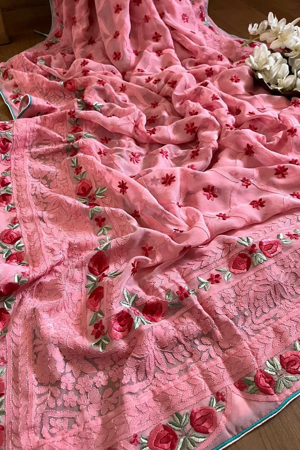 Beautiful Pink Hand Embroidered Chikankari Georgette Floral Design Saree