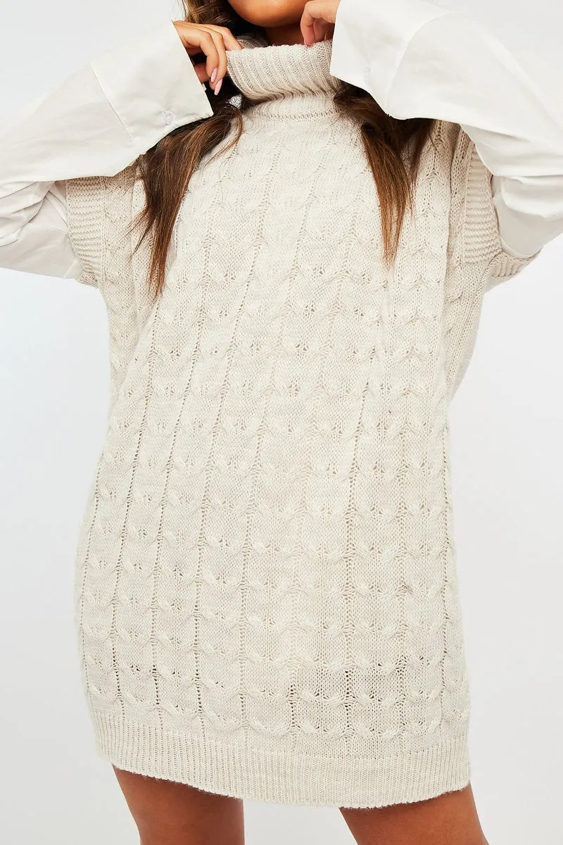 Beige Roll Neck Cable Knit Vest - Emira