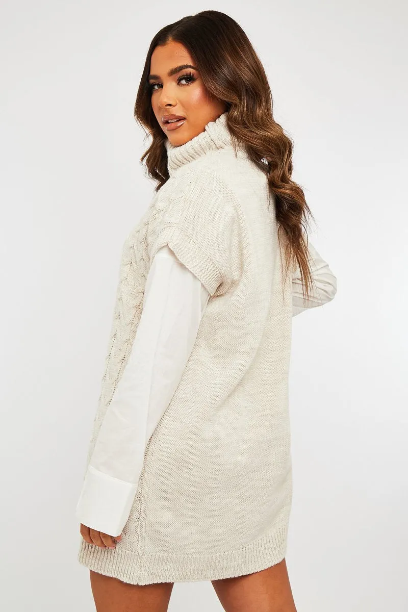 Beige Roll Neck Cable Knit Vest - Emira