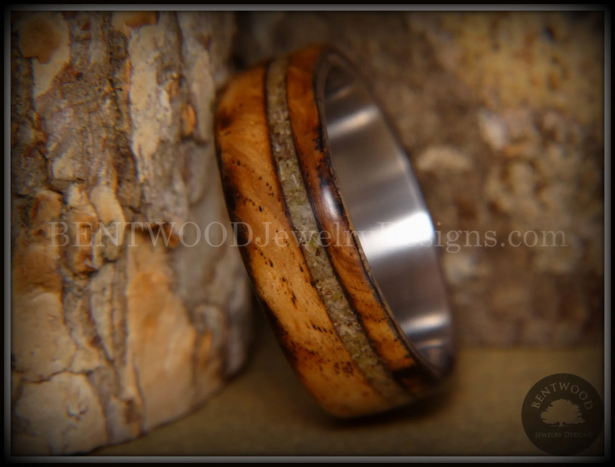 Bentwood Ring - Live Smokey Olivewood Ring on Stainless Steel Core with Live Oak Inlay