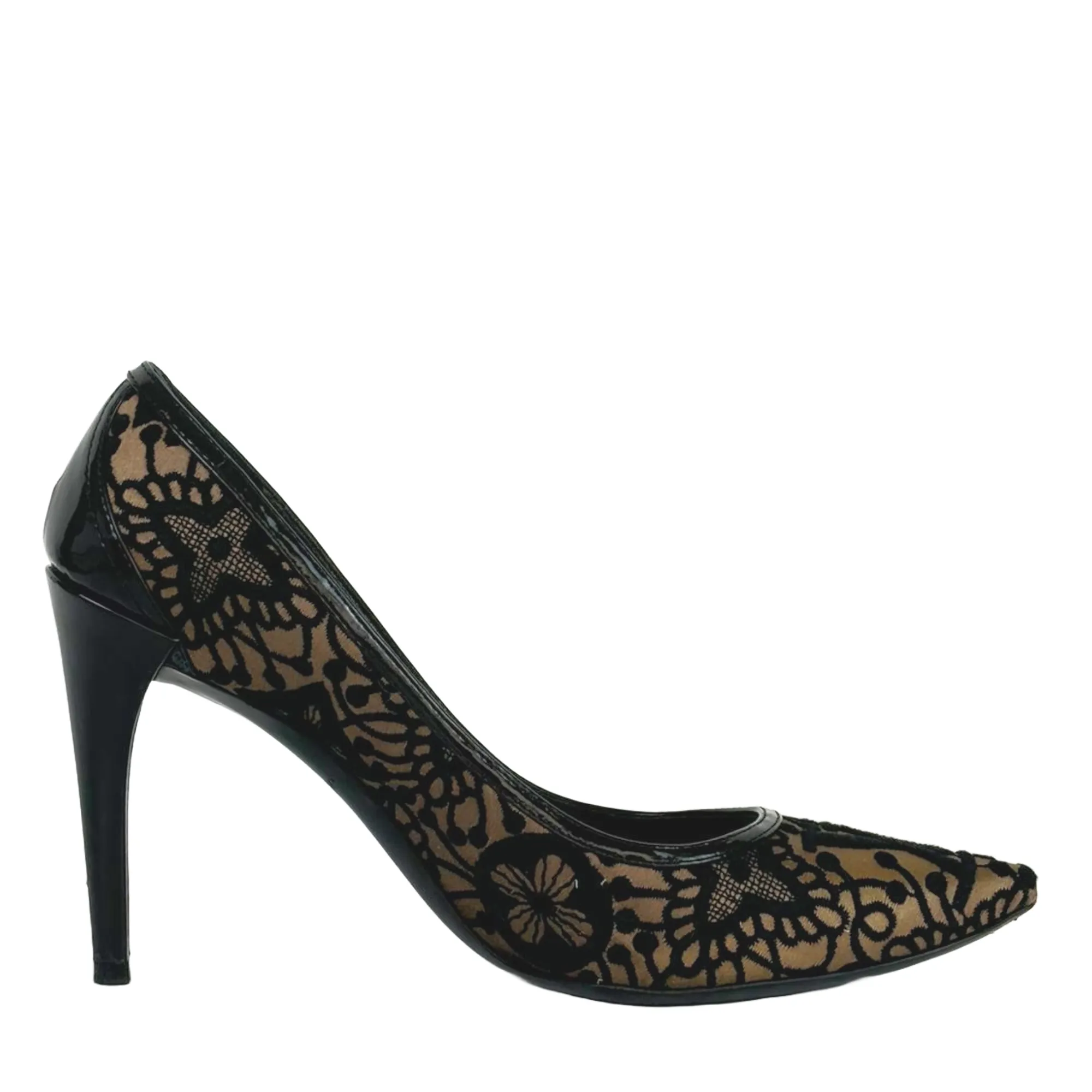 Bicolor Black Satin Embroidered Pointed Toe Heels