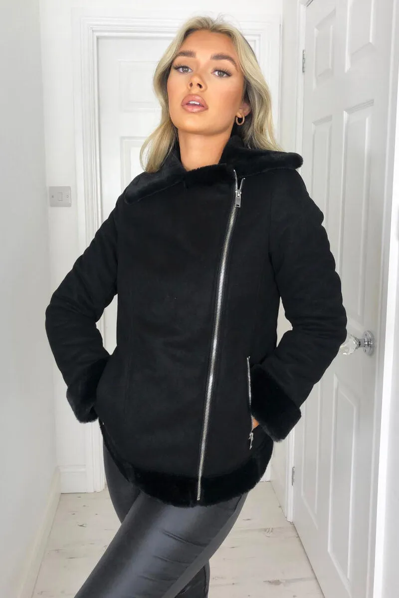 Black Faux Suede Aviator Jacket