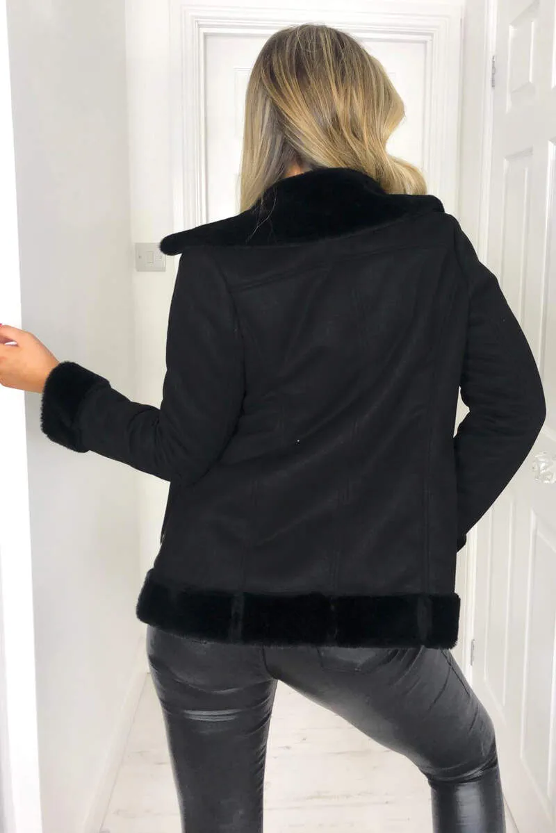 Black Faux Suede Aviator Jacket