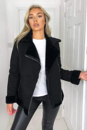 Black Faux Suede Aviator Jacket