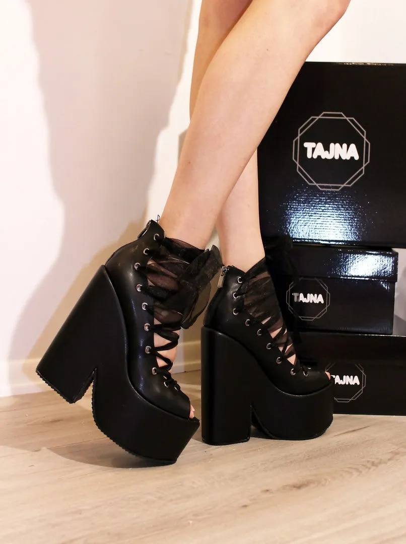 Black Lace up Ballerina Wedge Platform Shoes