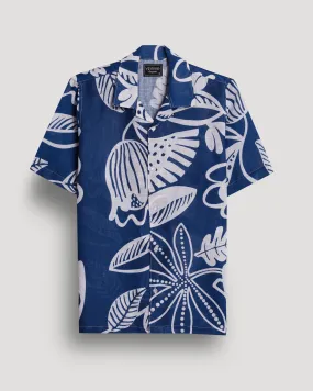 Blue flower print linen shirt for men