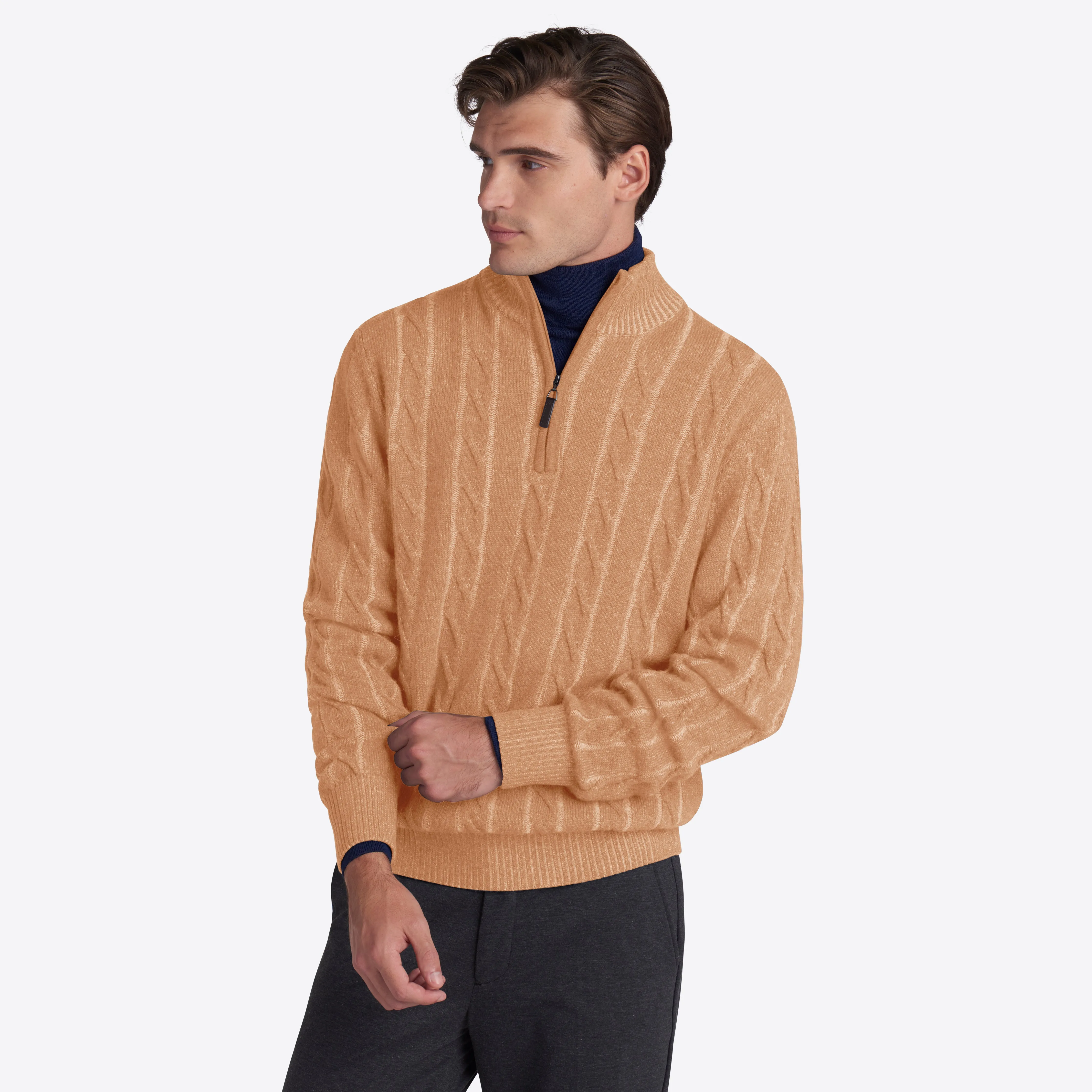 Cable Knit Quarter Zip Mock Neck Sweater