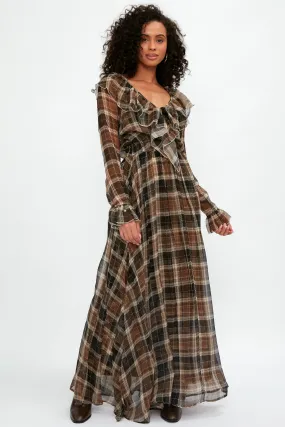 Calla Silk Maxi Dress in Tartan Nocciola