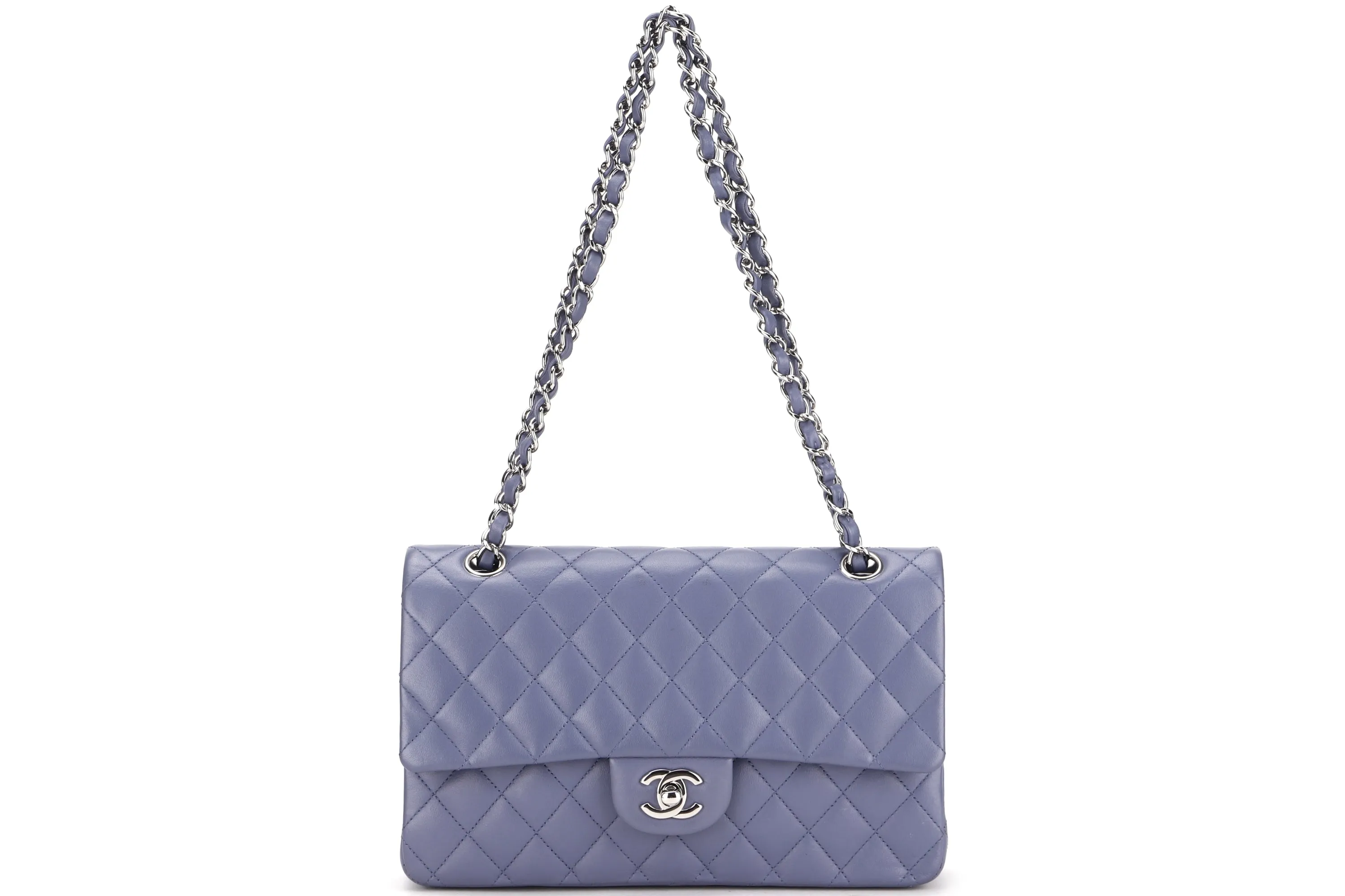 CHANEL CLASSIC FLAP (1583xxxx) MEDIUM LILAC LAMBSKIN SILVER HARDWARE, WITH CARD, DUST COVER & BOX