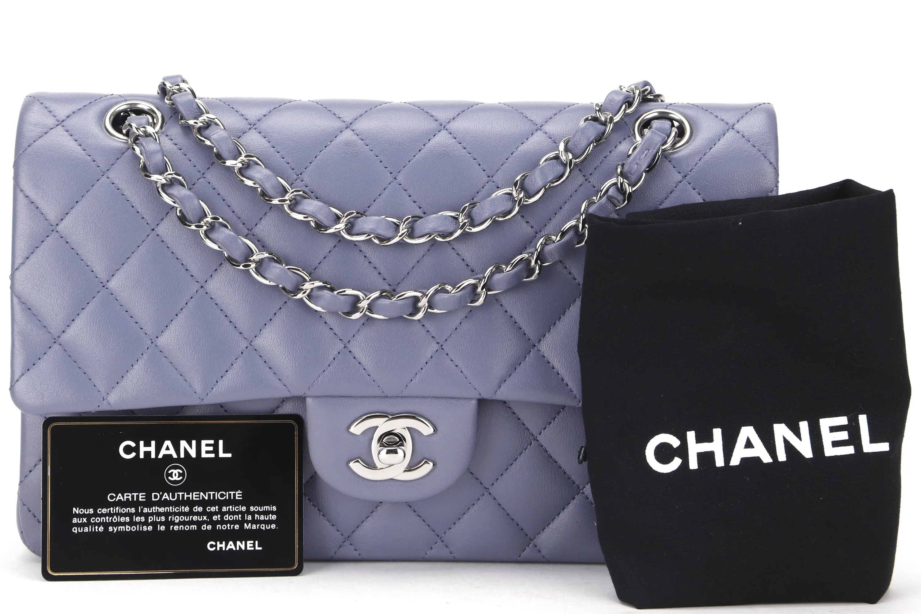 CHANEL CLASSIC FLAP (1583xxxx) MEDIUM LILAC LAMBSKIN SILVER HARDWARE, WITH CARD, DUST COVER & BOX