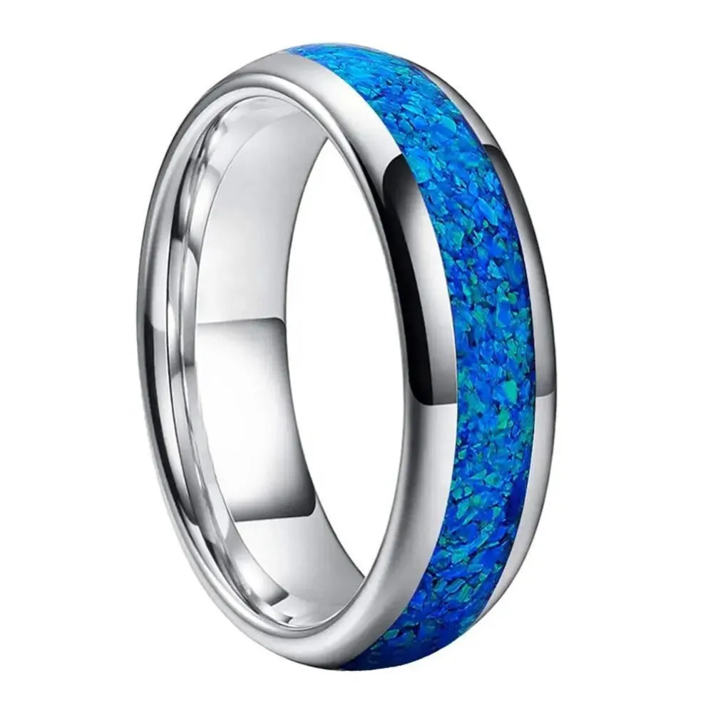 Crushed Blue Opal & Tungsten Wedding Ring (6mm)