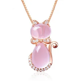 Cute Rose Pink Opal Kitty Cat Pendant Necklace