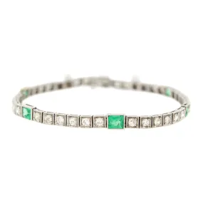 Edwardian Platinum Square Cut Emerald   Diamond Link Bracelet