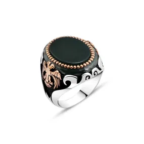 Ellipse Green Agate Stone Silver Men's Ring with Seljuk Eagle on Sides