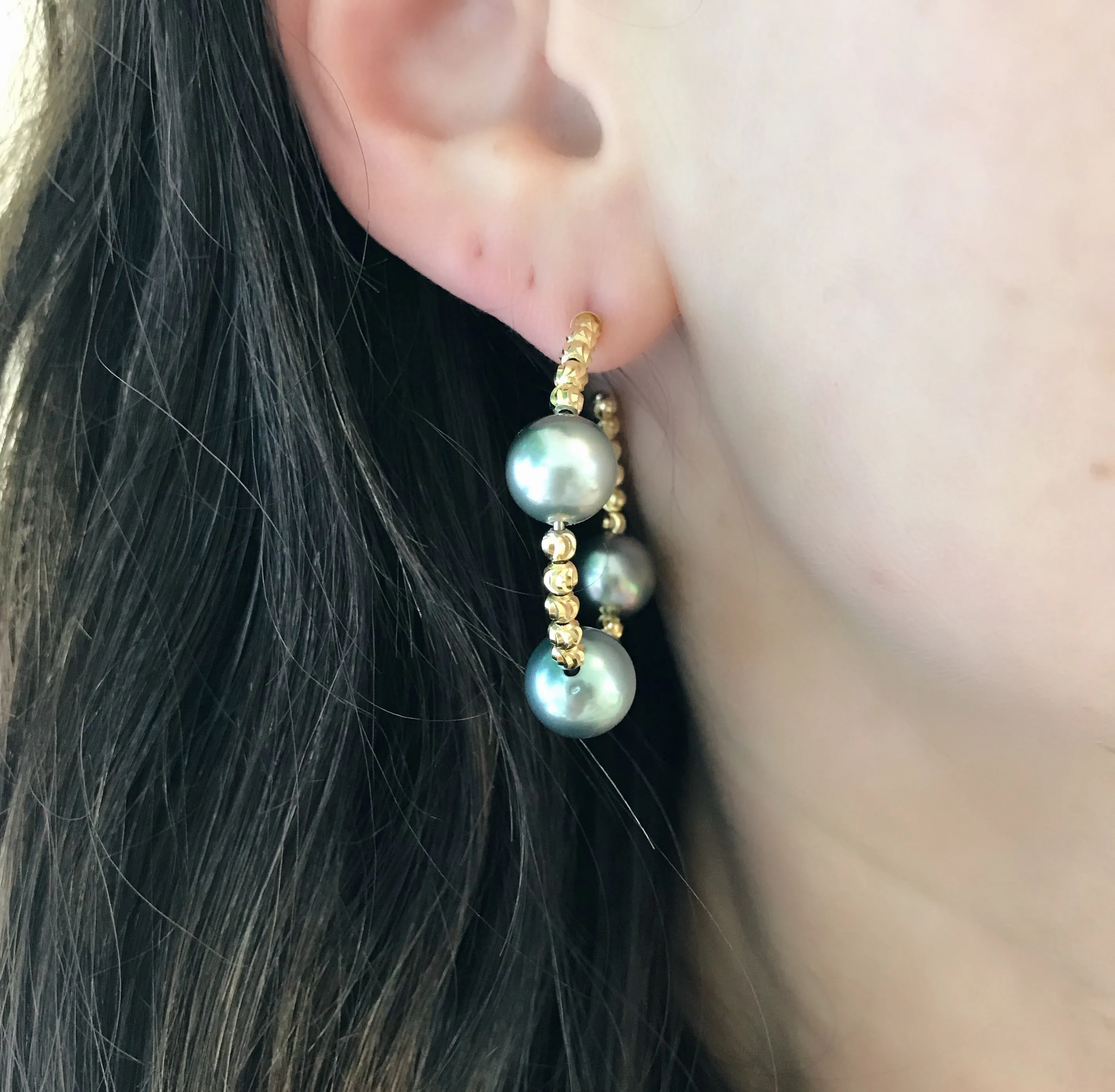 Faceted Gold Ball with Tahitian Pearls Hoops