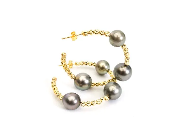 Faceted Gold Ball with Tahitian Pearls Hoops