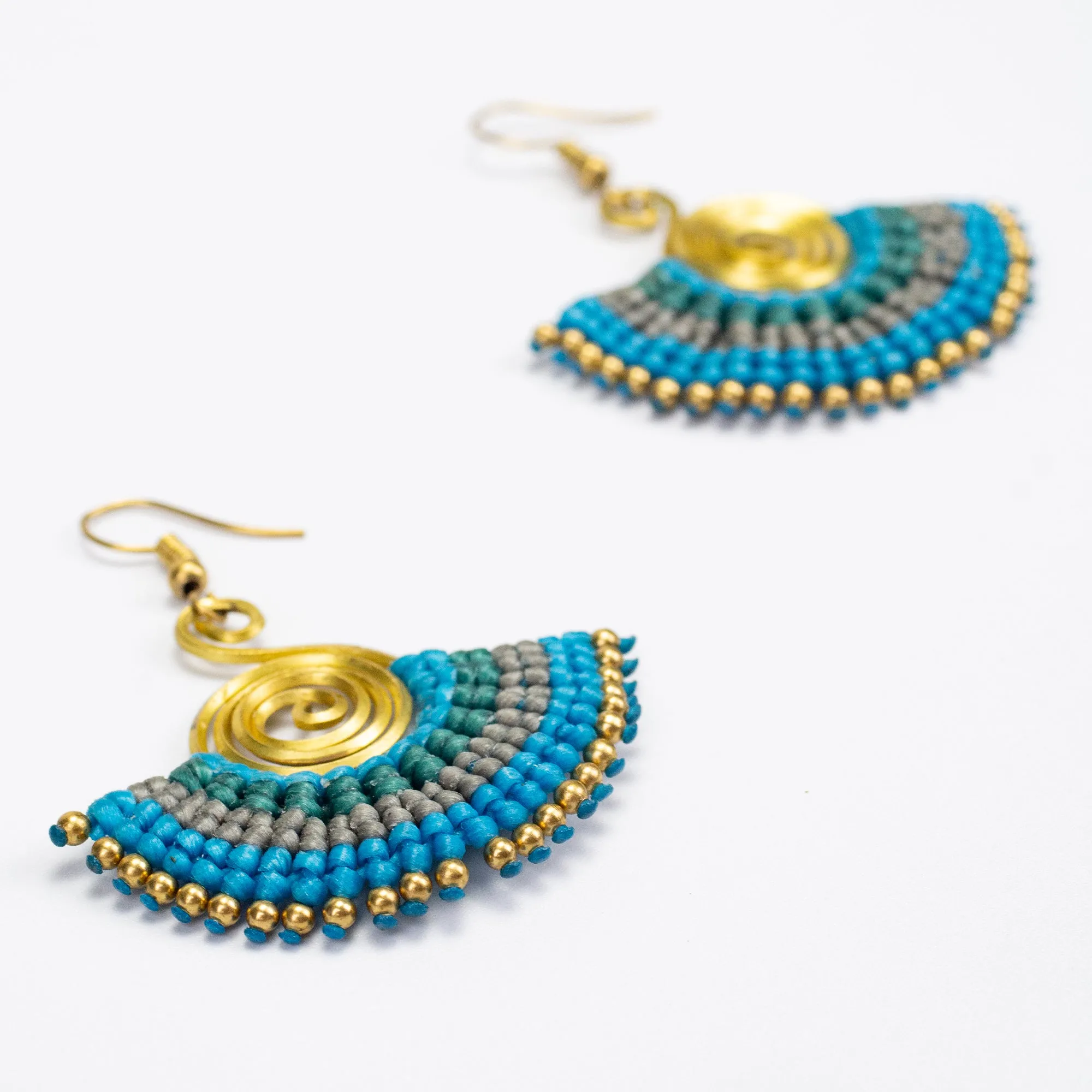 Fan Turquoise Gray Waxed String Spiral Brass Earrings