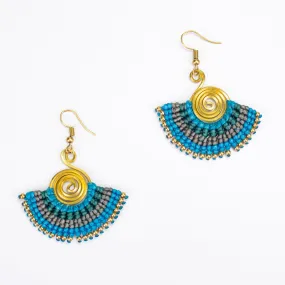 Fan Turquoise Gray Waxed String Spiral Brass Earrings