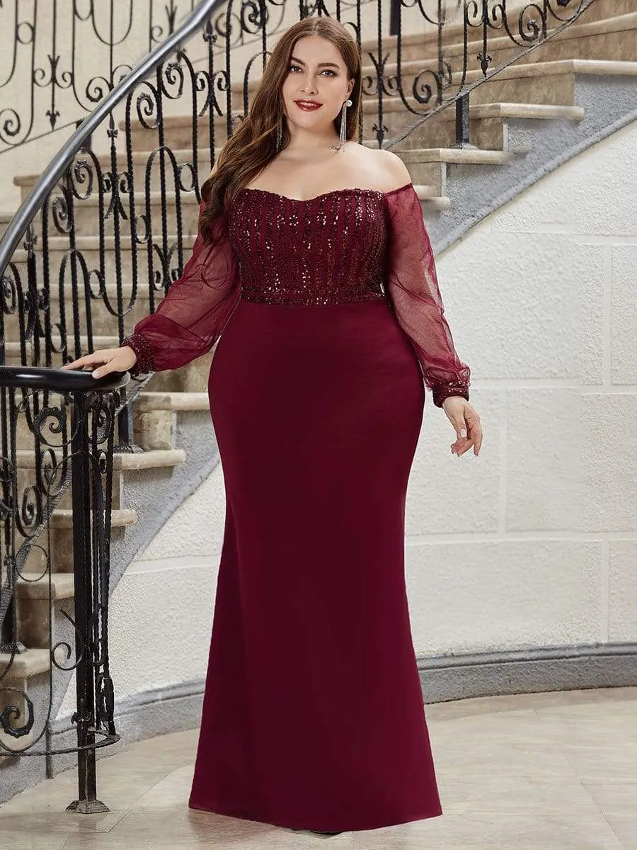 Fashion Off the Shoulder Sequin Evening Gowns With Tulle Sleeve