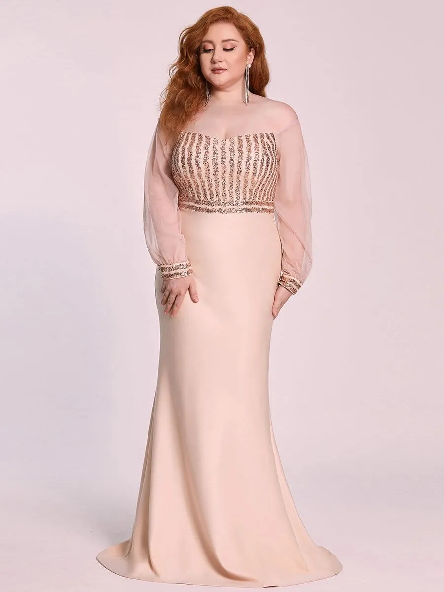 Fashion Off the Shoulder Sequin Evening Gowns With Tulle Sleeve