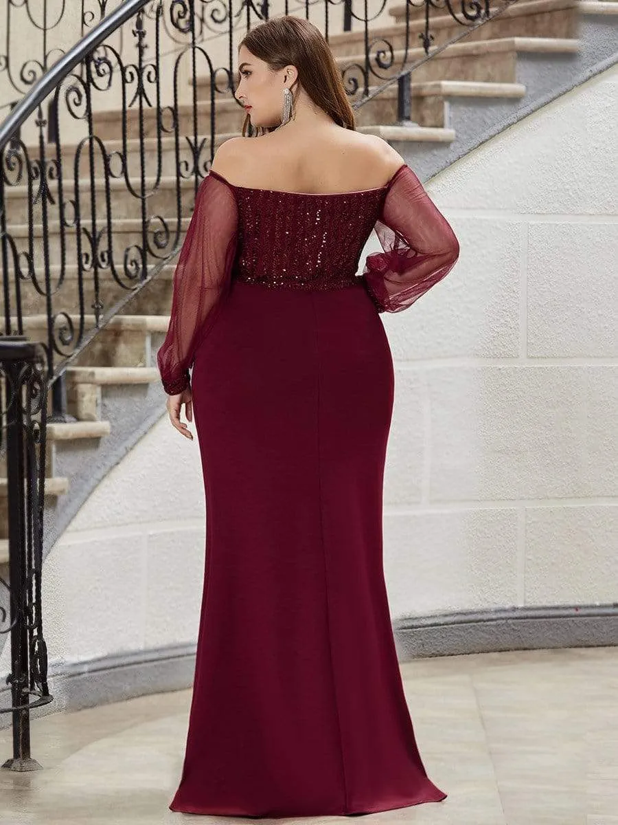 Fashion Off the Shoulder Sequin Evening Gowns With Tulle Sleeve