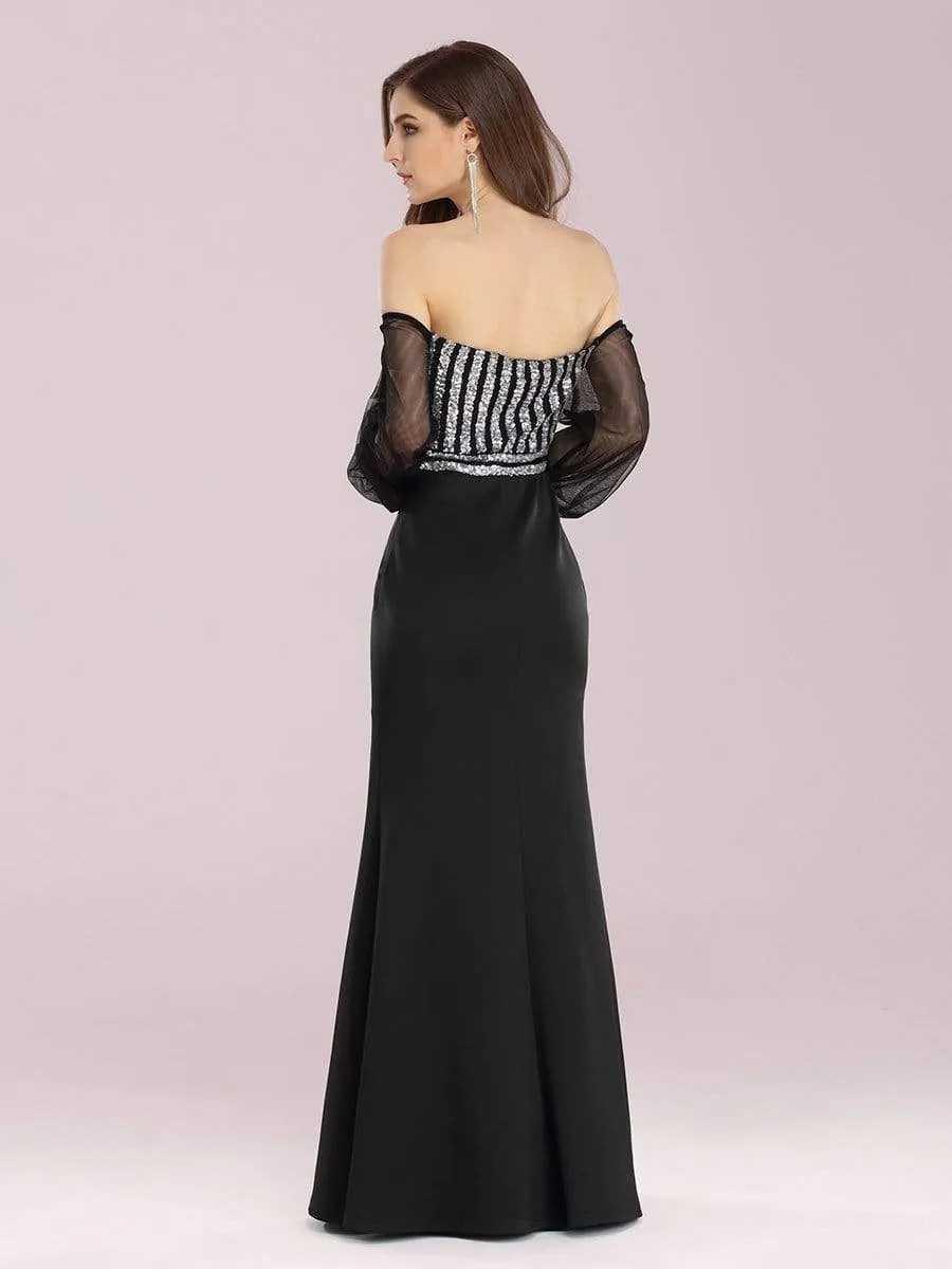 Fashion Off the Shoulder Sequin Evening Gowns With Tulle Sleeve