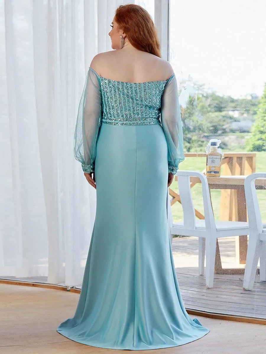 Fashion Off the Shoulder Sequin Evening Gowns With Tulle Sleeve