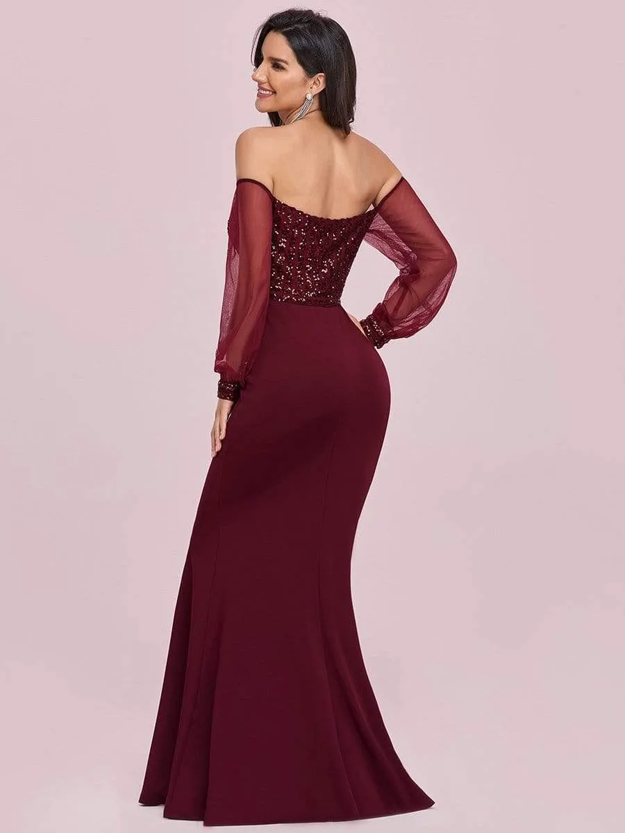 Fashion Off the Shoulder Sequin Evening Gowns With Tulle Sleeve