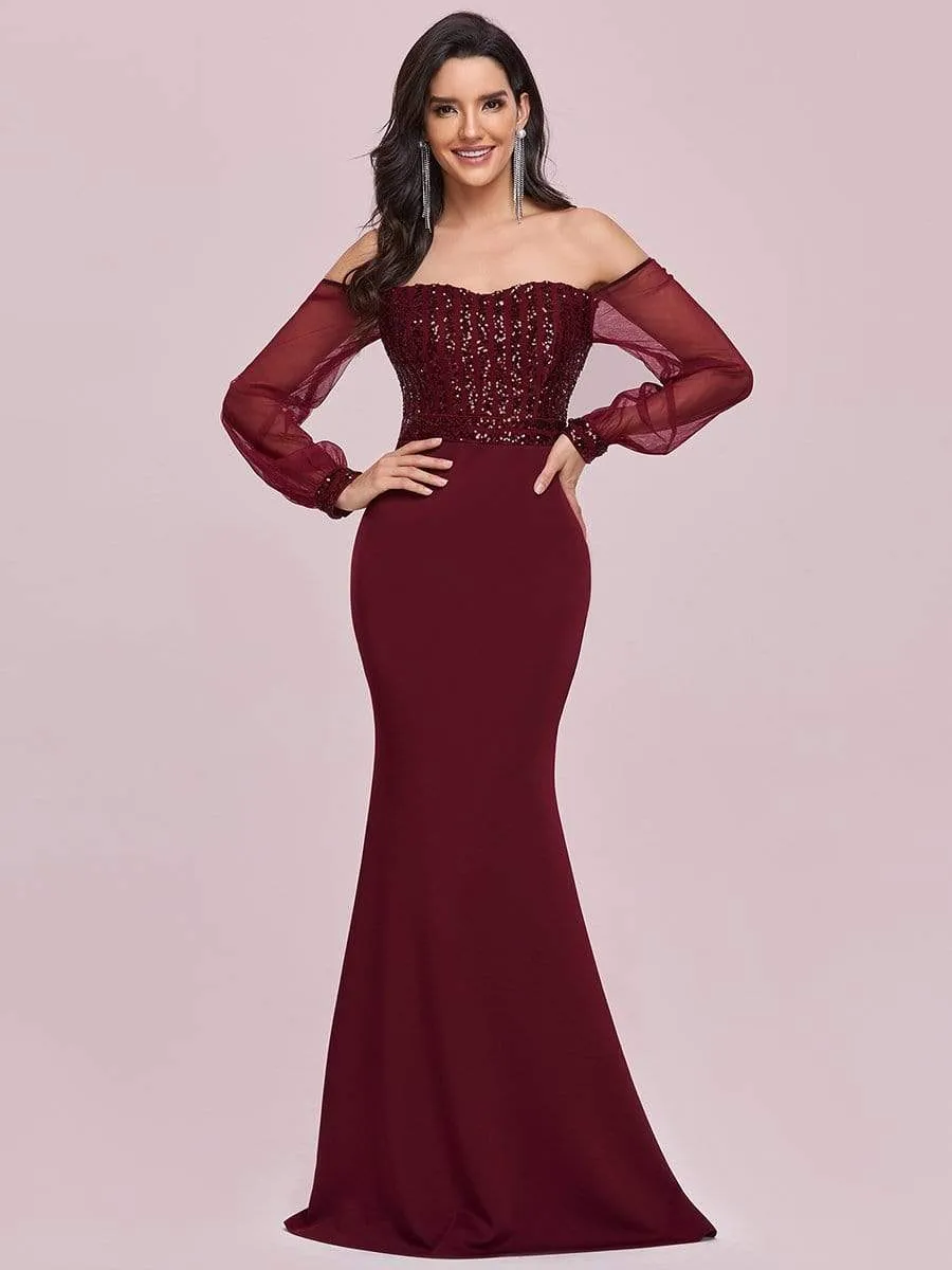 Fashion Off the Shoulder Sequin Evening Gowns With Tulle Sleeve