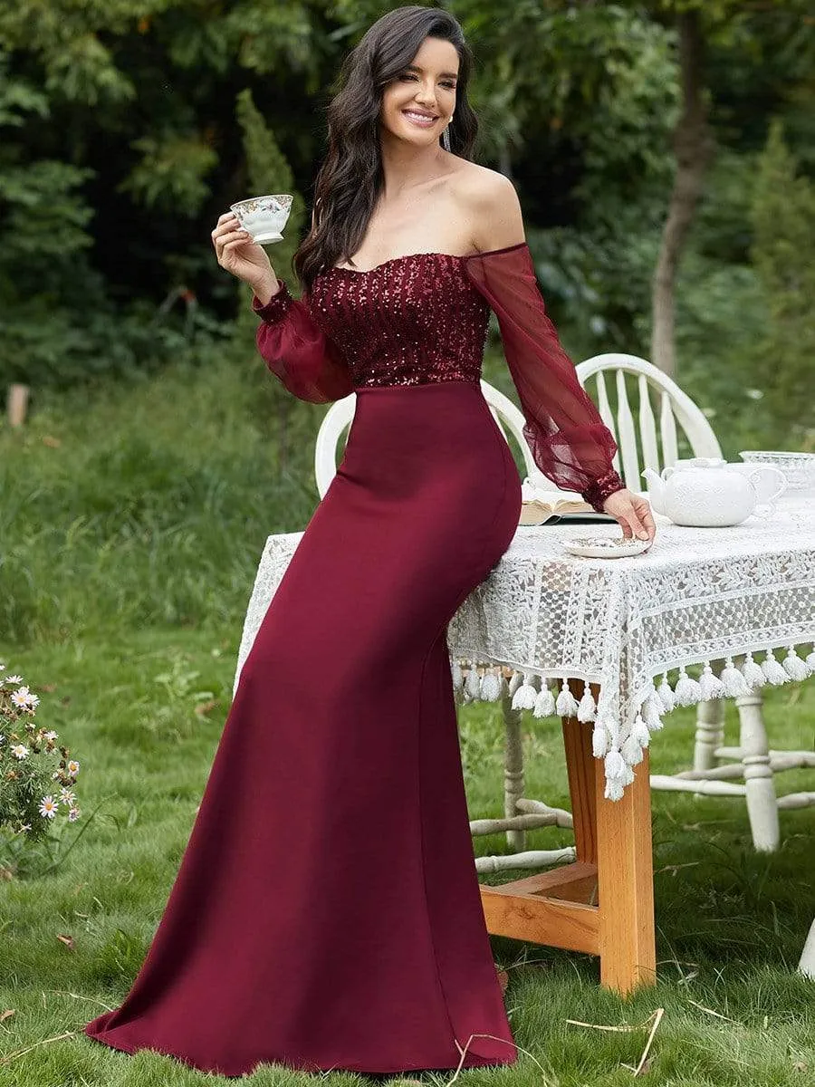 Fashion Off the Shoulder Sequin Evening Gowns With Tulle Sleeve