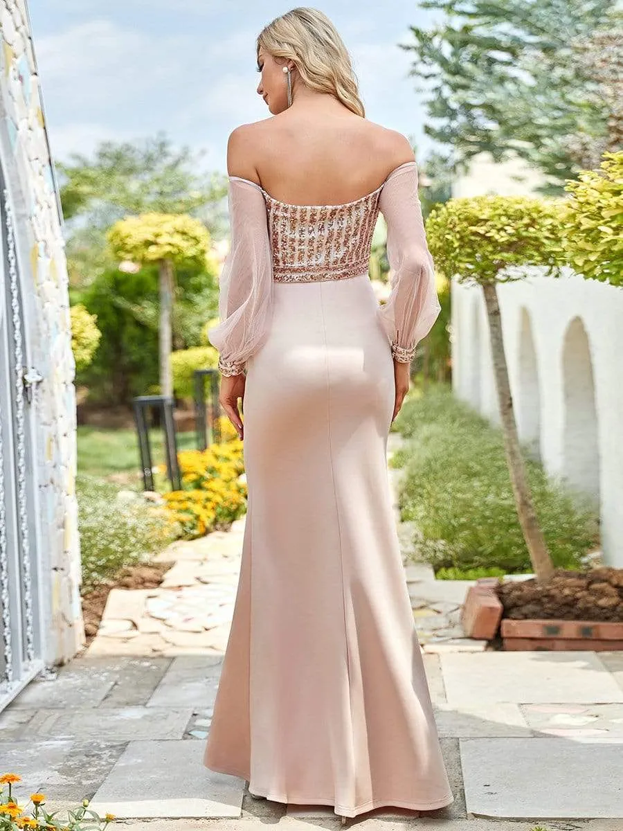 Fashion Off the Shoulder Sequin Evening Gowns With Tulle Sleeve