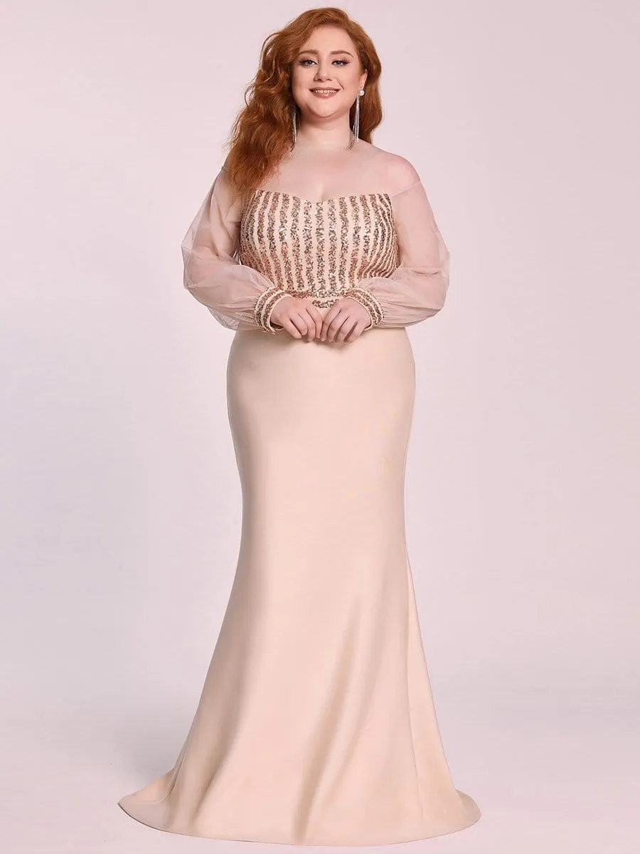 Fashion Off the Shoulder Sequin Evening Gowns With Tulle Sleeve