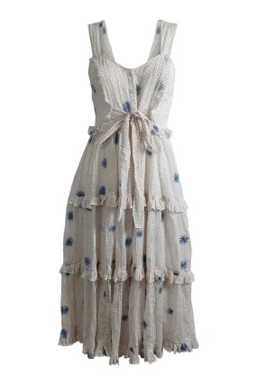 FREE PEOPLE White Polka Dot Floral Modern Boho Daisy Chain Midi Dress (XS)