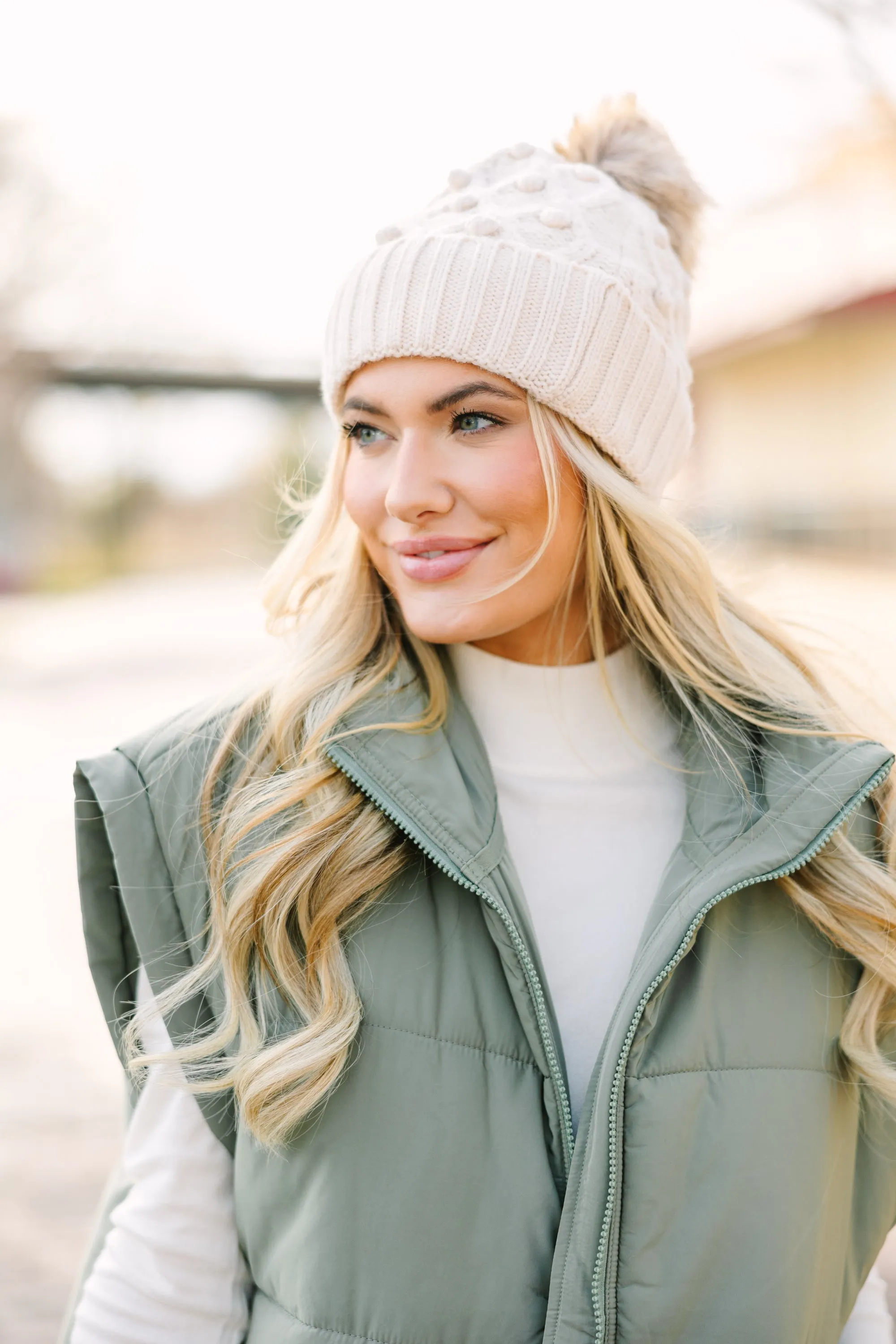 Get Going Beige CC Pompom Beanie