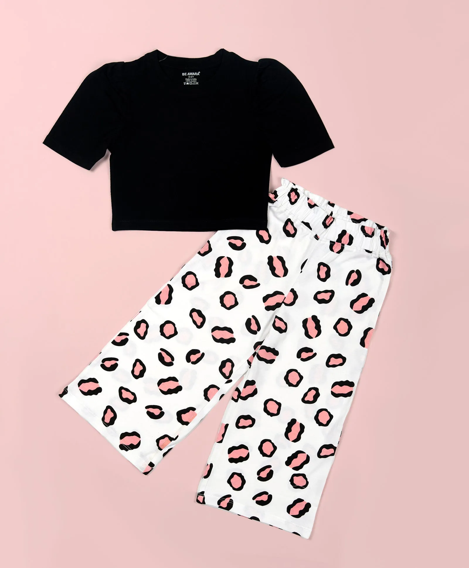 Girls Leopard Print Puff Sleeves Tee & Wide Leg Pant Set