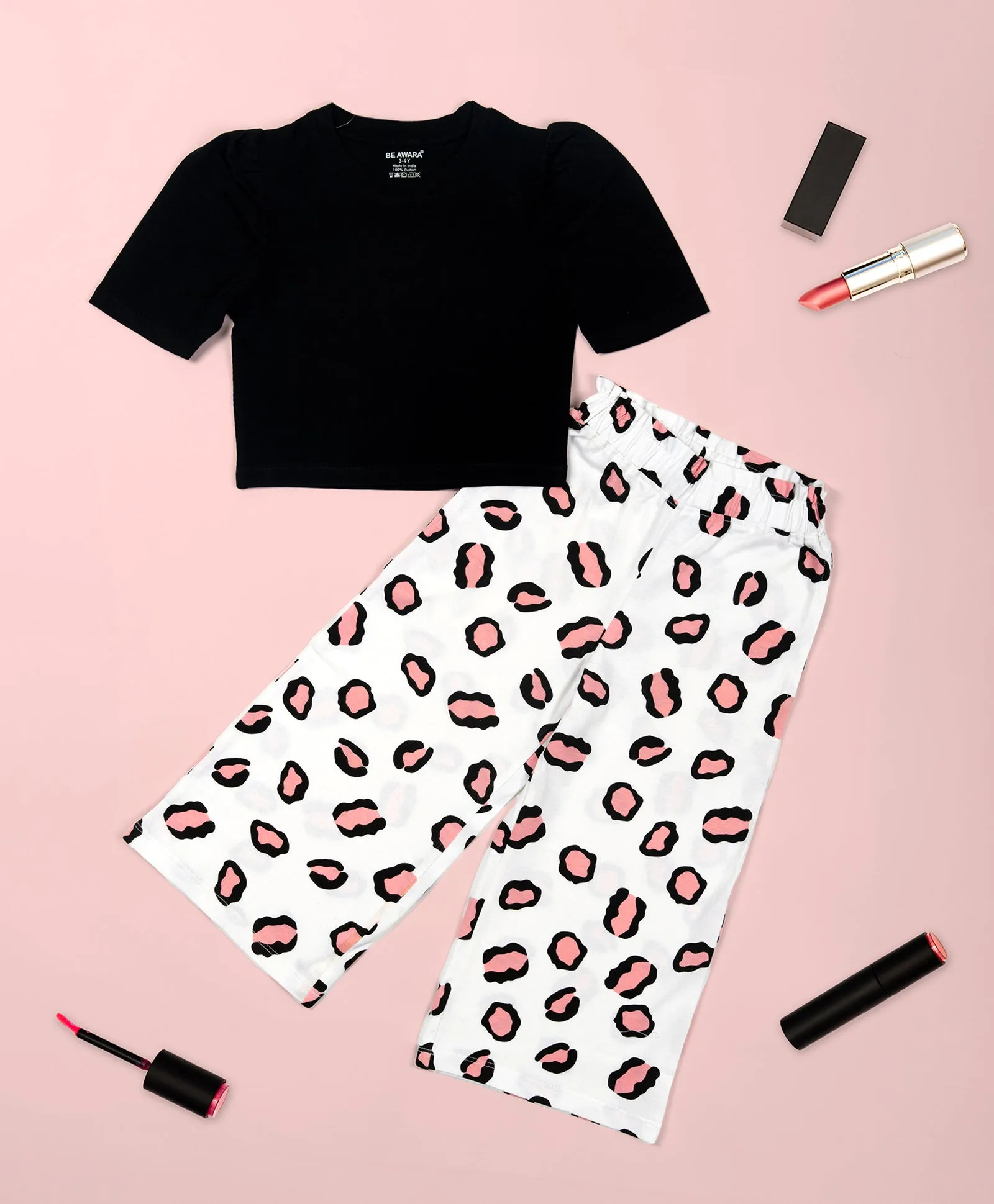 Girls Leopard Print Puff Sleeves Tee & Wide Leg Pant Set