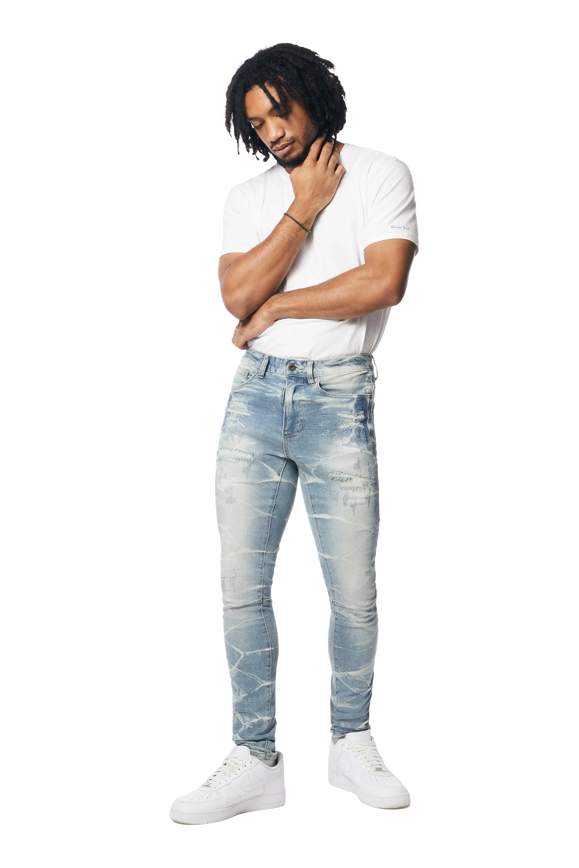 Gun Shot Effect & Lightning Washed Super Skinny Denim Jeans - Clyde Blue