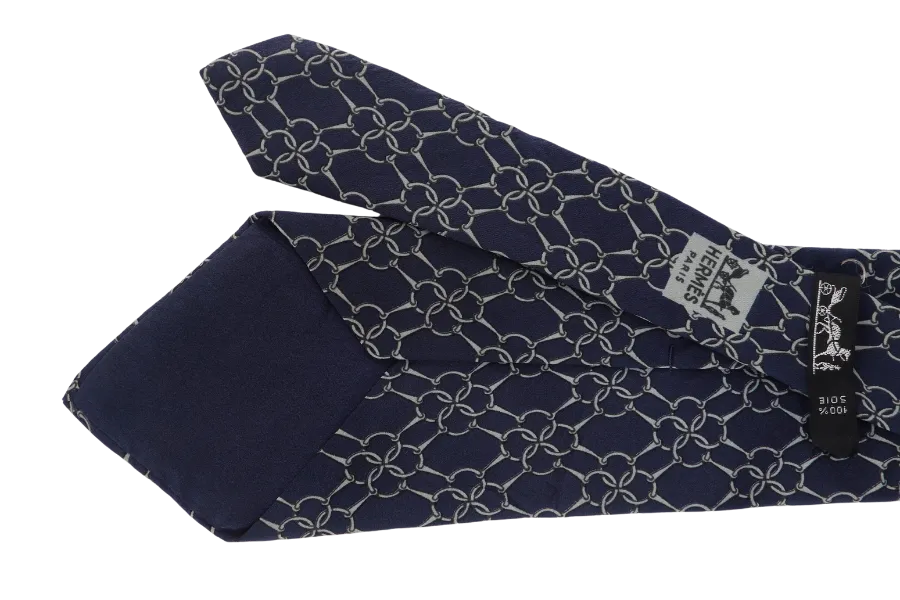 HERMES DARK BLUE CHAIN LOCK PRINTS SILK TIE