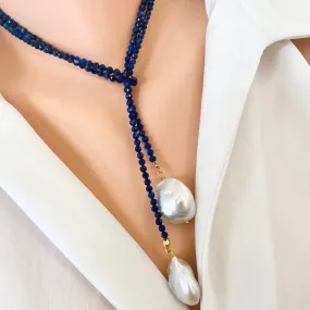 Lapis Lazuli and Baroque Pearls Lariat Necklace, December Birthstone, 40inches