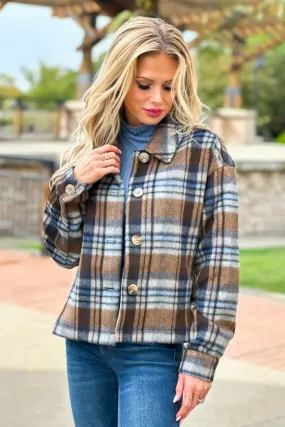 Make Me Believe Plaid Heavyweight Shacket : Mocha/Blue