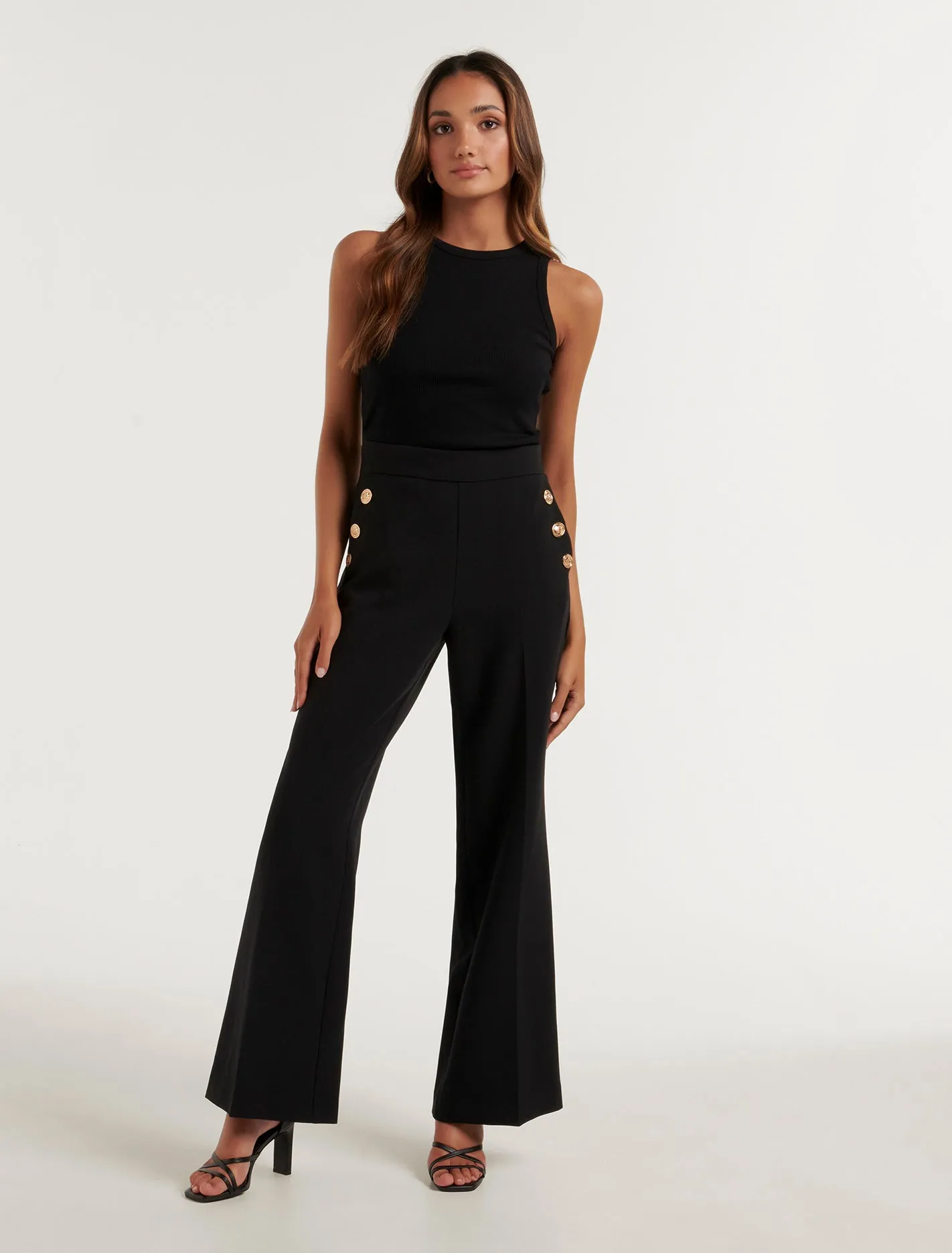 Megan Petite Button Wide Leg Pants