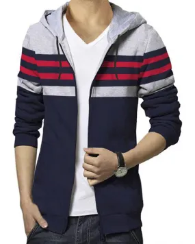 Men Full Sleeve Navyblue Grey Colorblock Hooded Jacket