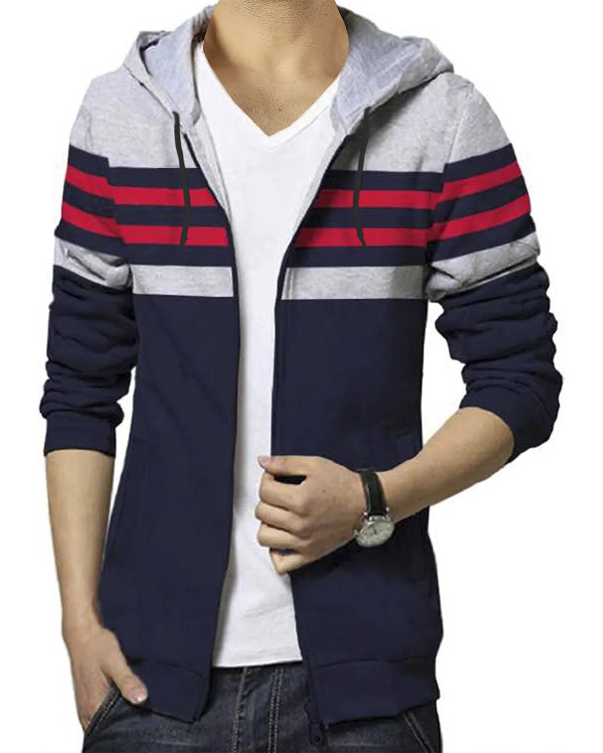 Men Full Sleeve Navyblue Grey Colorblock Hooded Jacket